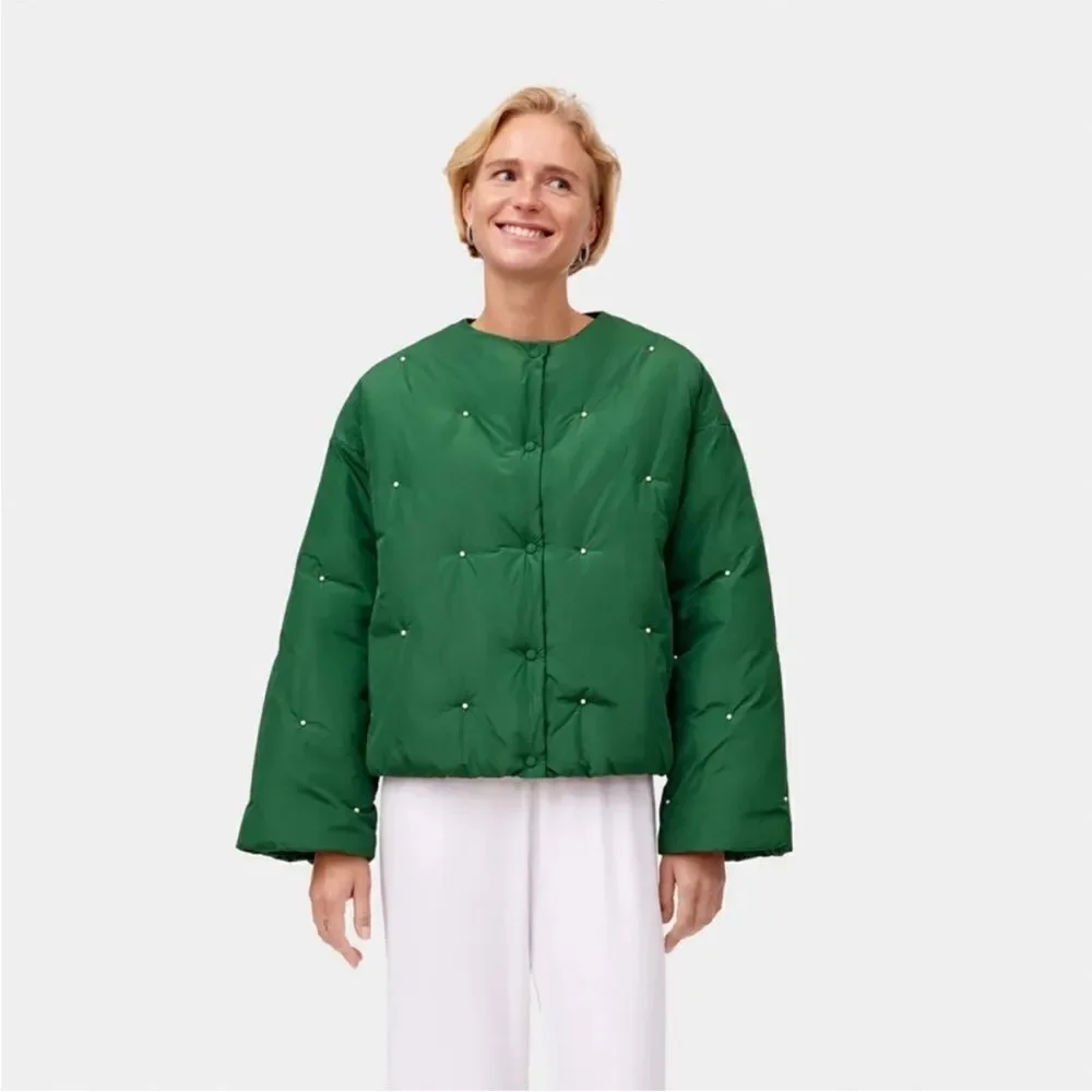 NWT SLEEPER Puffer Jacket in Green with Pearl Details Size L/XL NWT $450